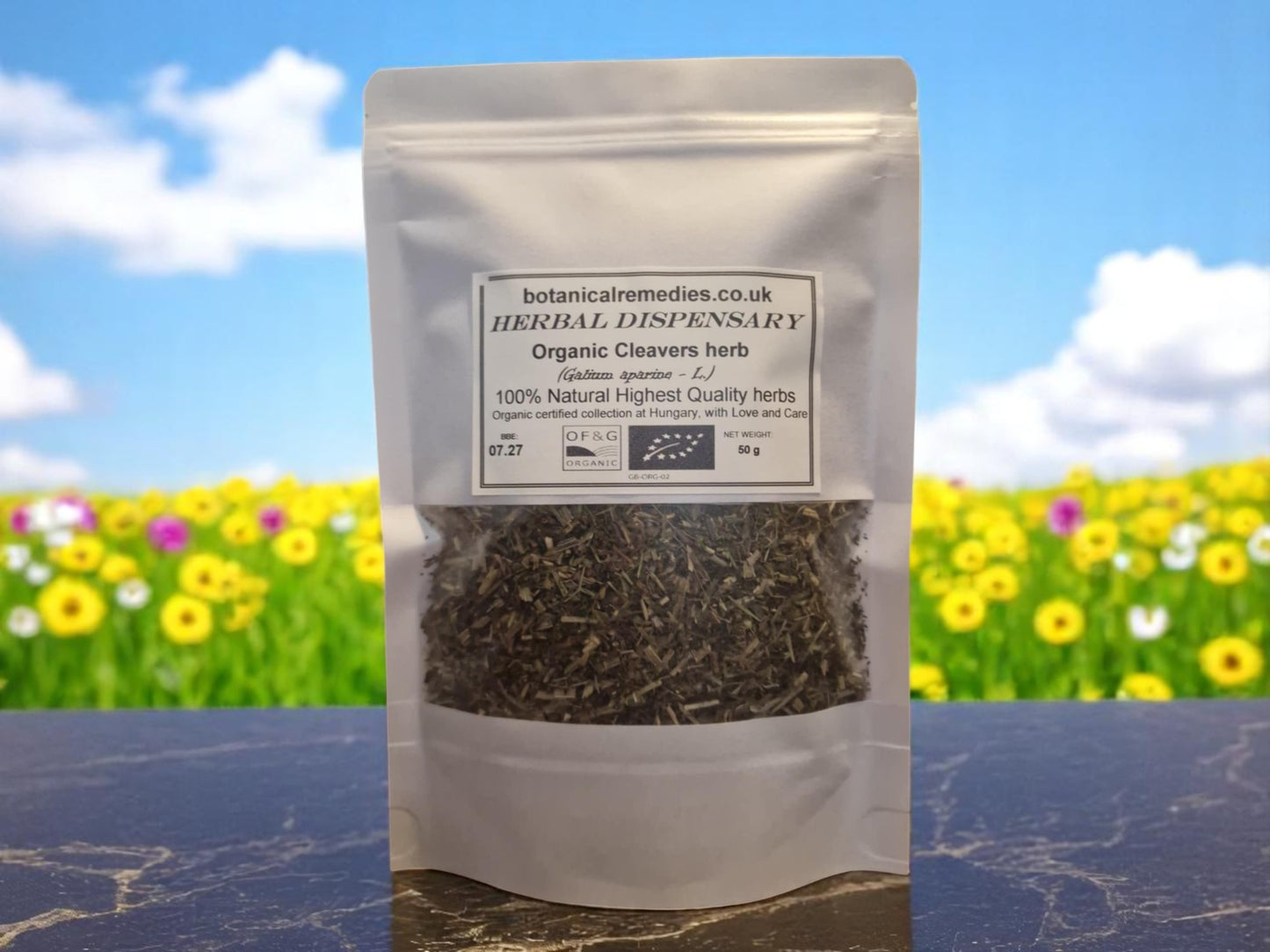 Package with Cleavers herb Organic, dried and cut loose tea, an herbal remedy