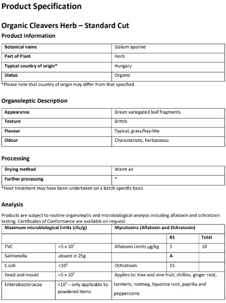 Cleavers herb organic product specification