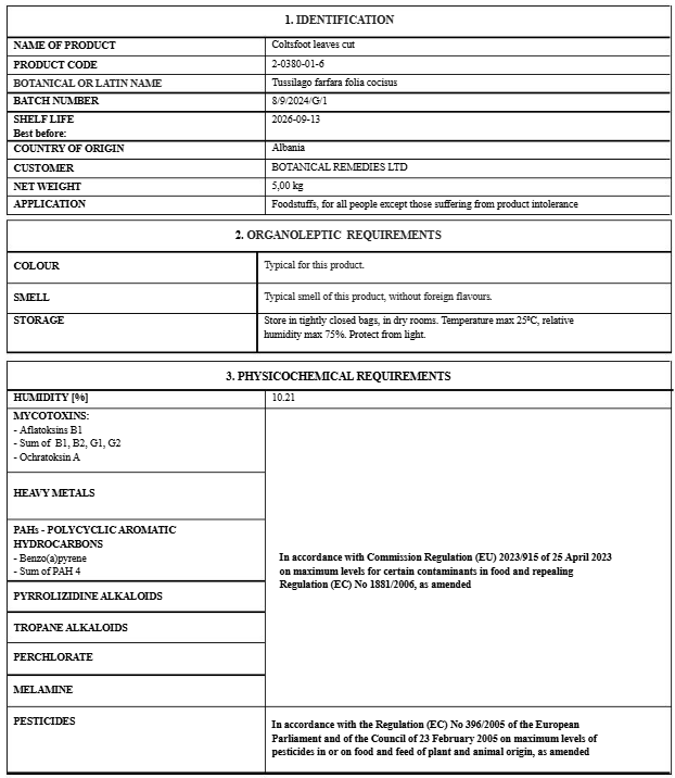 Coltsfoot leaf Certificate of analysis