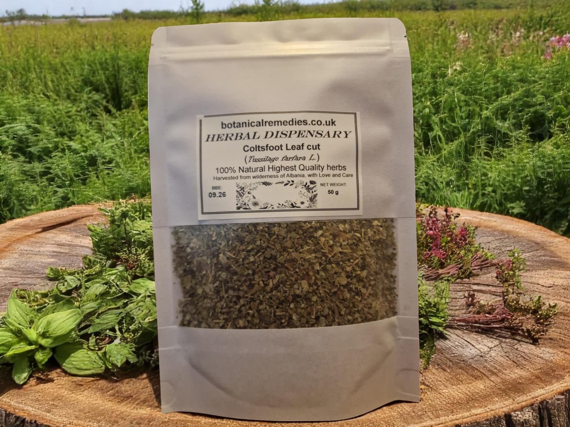 Package with Coltsfoot leaf, loose herbal tea, an herbal remedy