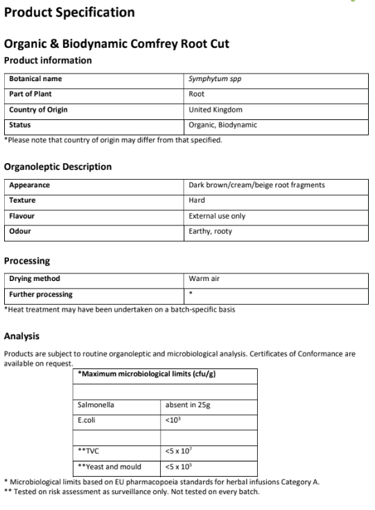 Comfrey root organic product specification
