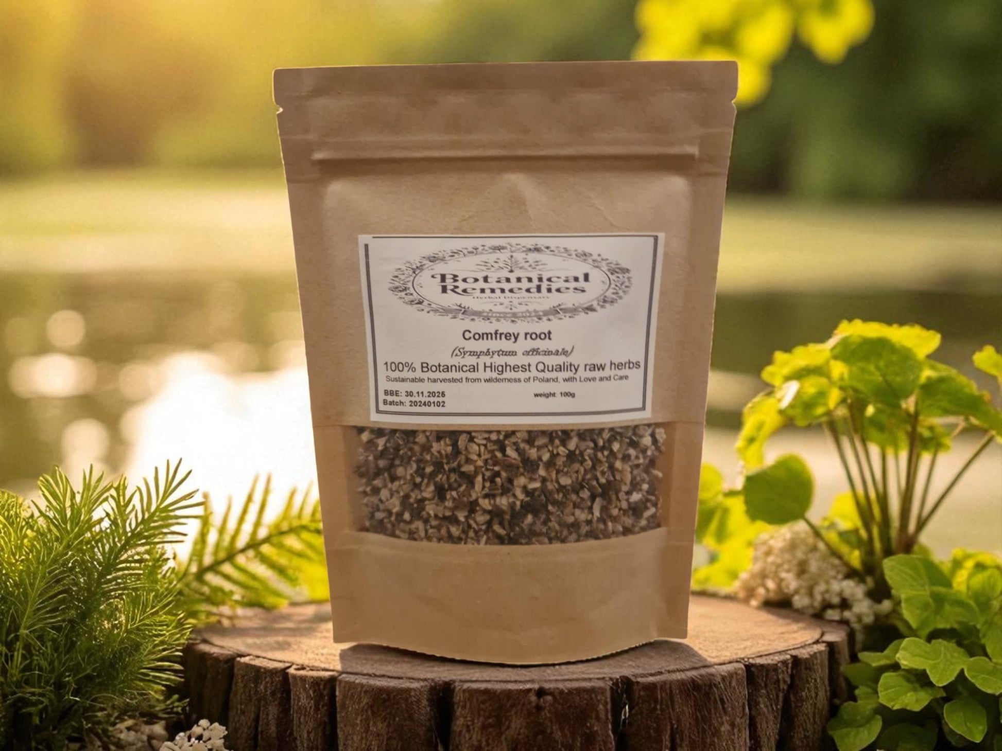 Bag with Comfrey root dried and cut pieces, an herbal remedy