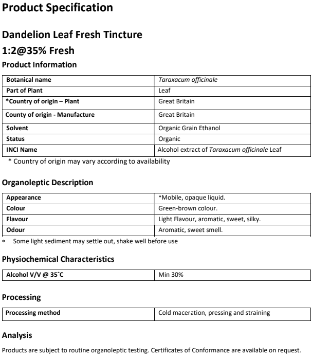 Product specification for Organic Dandelion Leaf tincture