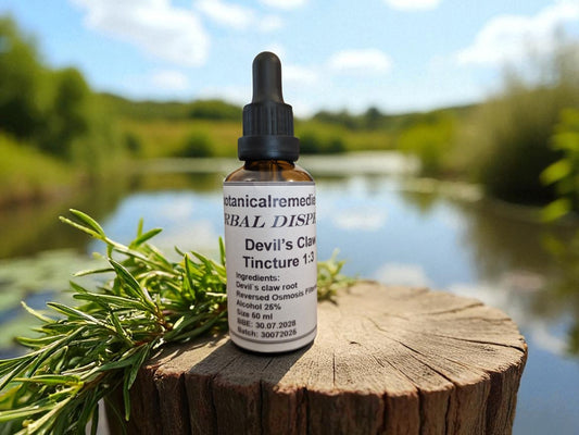 dropper bottle with devils claw tincture from Botanical Remedies, an herbal remedy