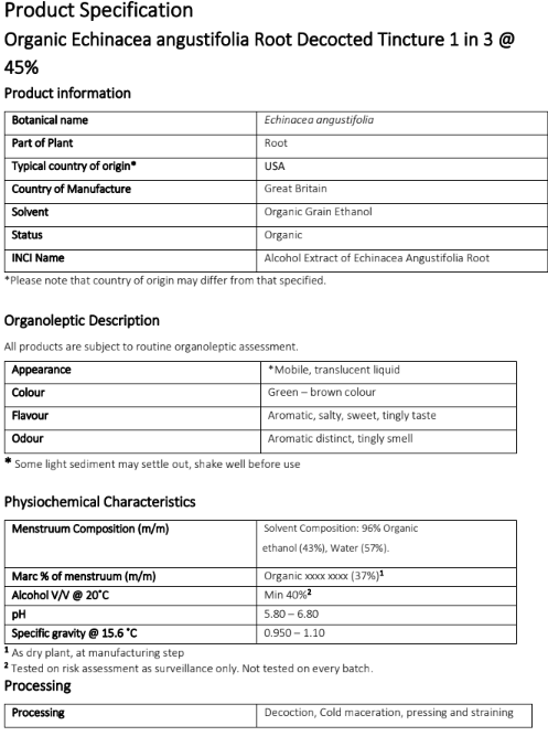 Document with product specification for Echinacea angustifolia tincture organic