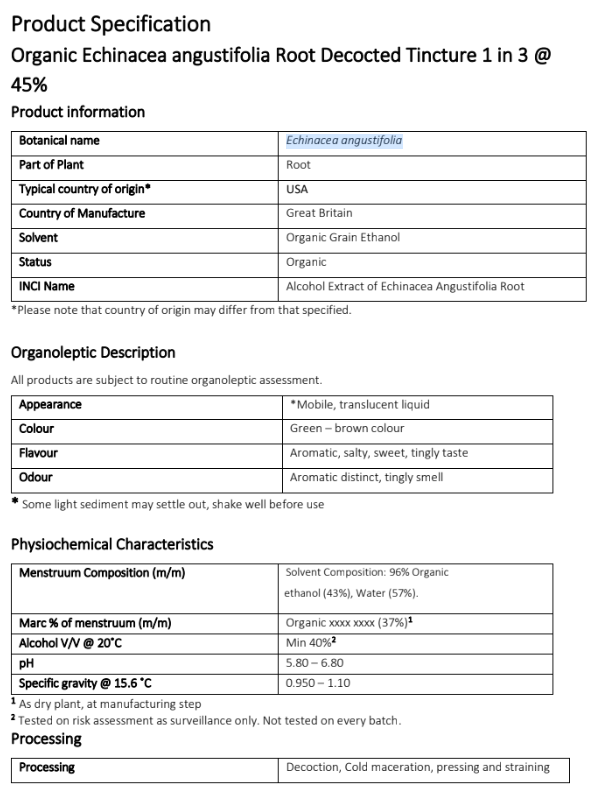 Product specification for Organic Echinacea angustifolia root from Botanical Remedies herbal dispensary