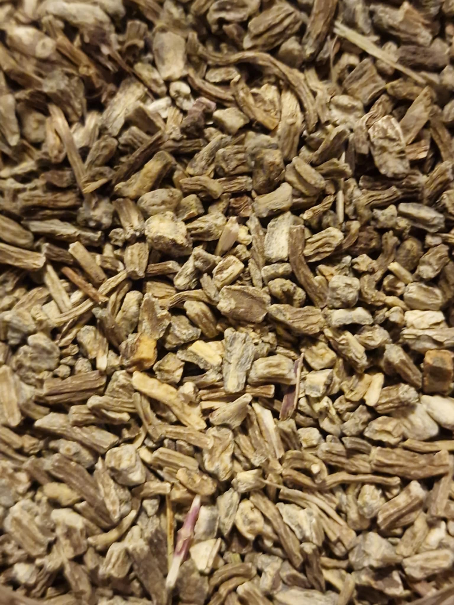 Close up of dried and cut pieces Organic Echinacea angustifolia root
