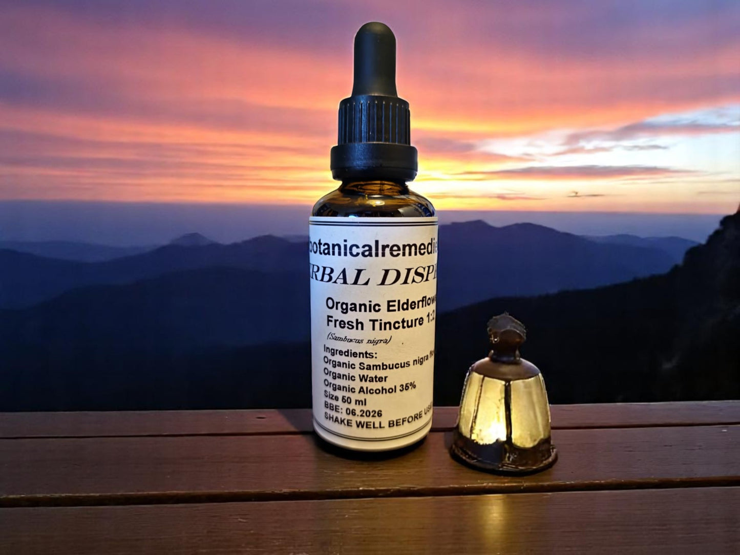 Bottle with Organic Elderflower tincture, an herbal remedy