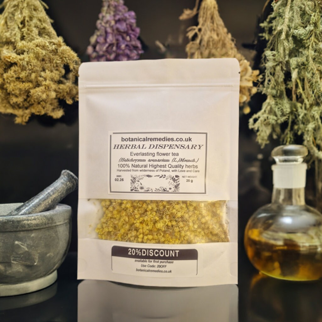 Package with Everlasting flowers, loose herbal tea, an herbal remedy