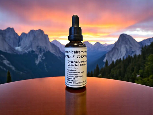 Bottle containing Organic Gentian Tincture from Botanical Remedies herbal dispensary, an herbal remedy