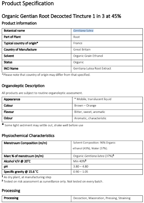 document with Organic Gentian tincture product specification