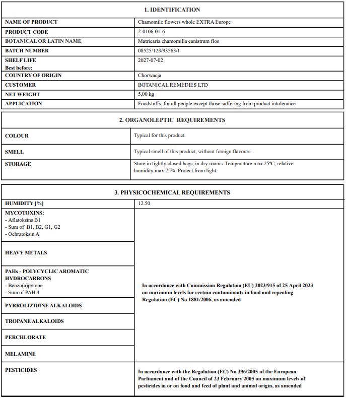 Document with certificate of analysis for german Chamomile flowers