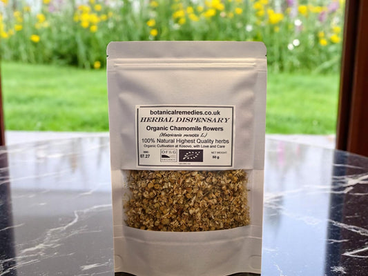 package with organic German Chamomile flowers (loose tea), an herbal remedy