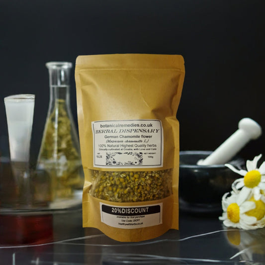 Package with German Chamomile flowers, loos herbal tea, an herbal remedy