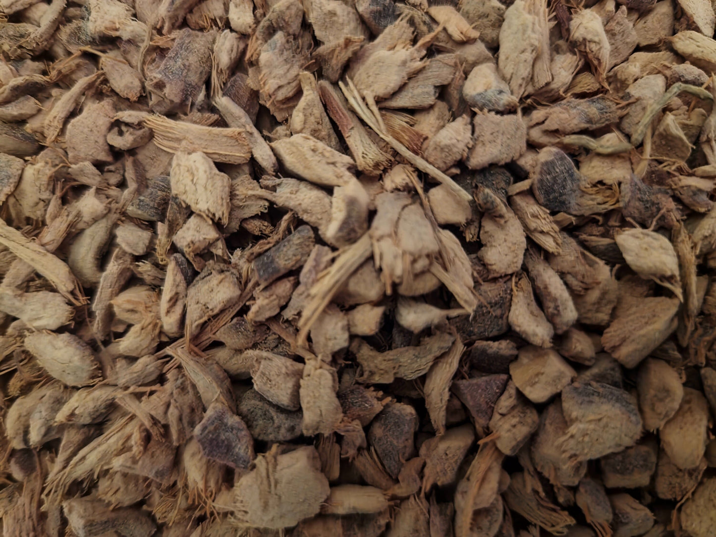 Close up of dried and cut galangal root, an herbal remedy from Botanical remedies herbal dispensary, loose herbal tea