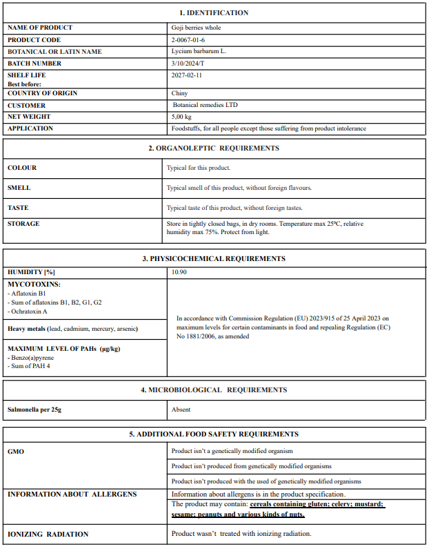 Goji Berries from Botanical Remedies Product label with identification, organoleptic, physicochemical, and microbiological requirements.
