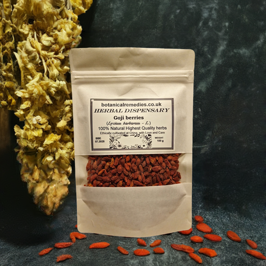 Package with dried Goji Berries, an herbal remedy and superfood
