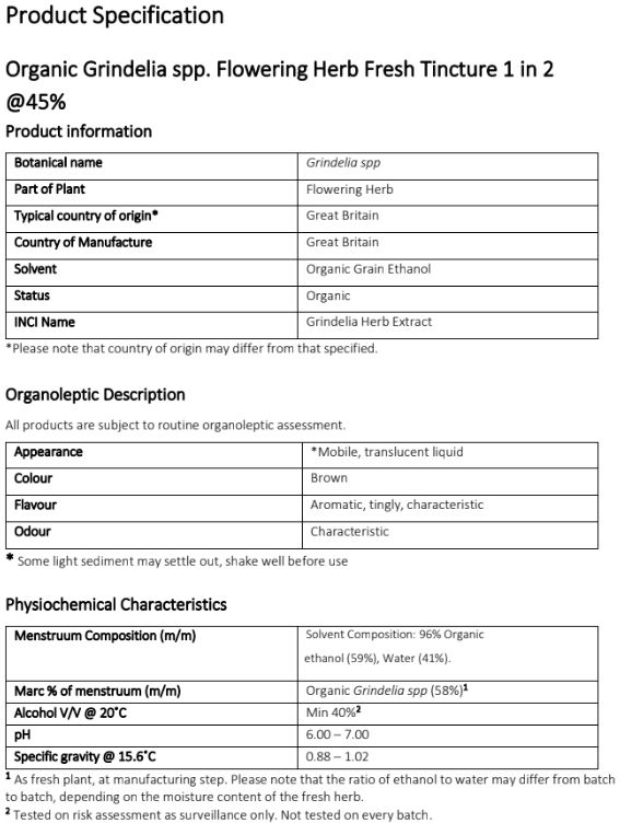 product specification grindelia tincture organic