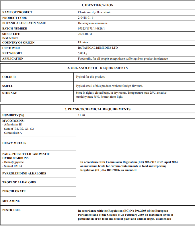 Card with certificate of analysis for Helichrysum flowers product