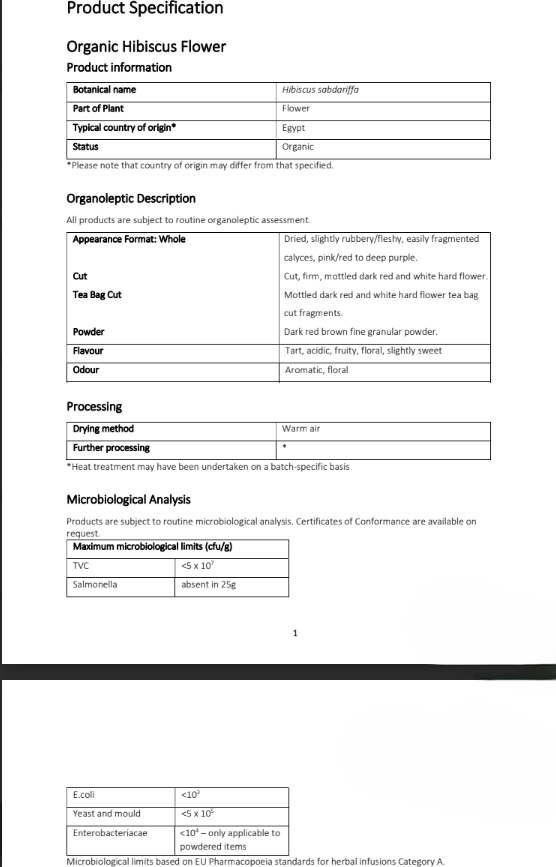 Hibiscus flower organic product specification