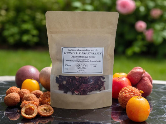 Package with Hibiscus flowers organic, dried loose tea, an herbal remedy