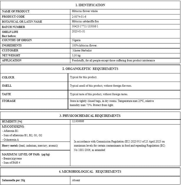 Hibiscus flower certificate of analysis