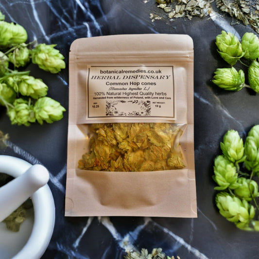 Package with Hop cones, an herbal remedy, loose herbal tea