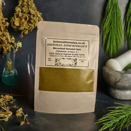Package with Horsetail herb powder, an herbal remedy