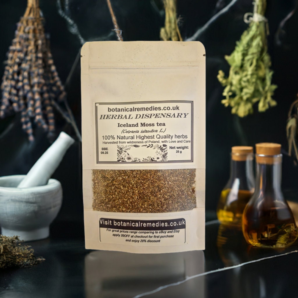 Package with Iceland moss herb, dried and cut, loose herbal tea, an herbal remedy