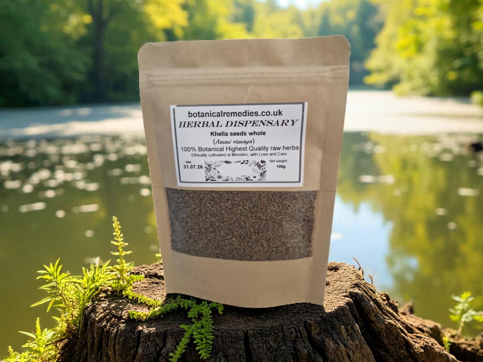 Package of Khella seeds Amnis visnaga from Botanical Remedies Herbal dispensary, an herbal remedy, loose herbal tea