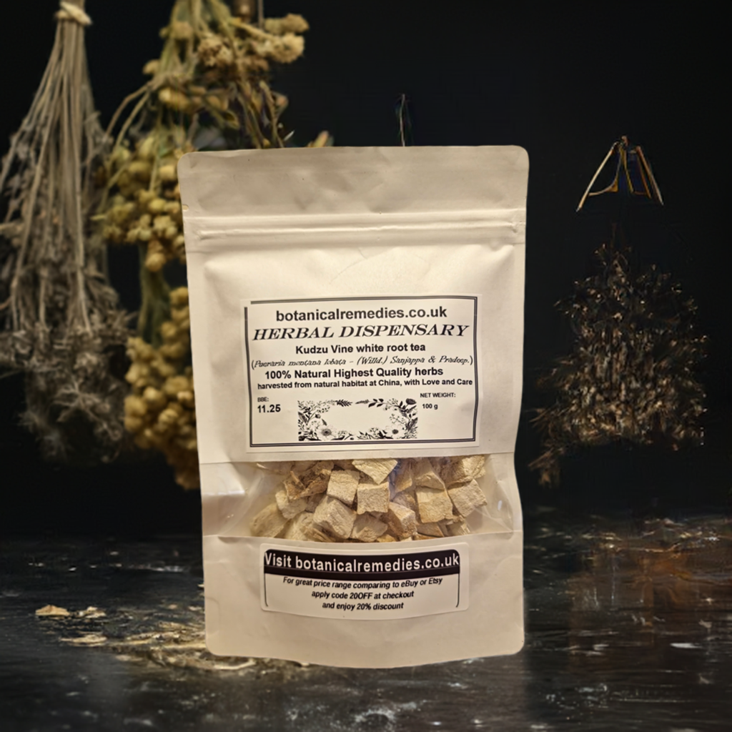 Package with white Kudzu root, dried and cut, an herbal remedy