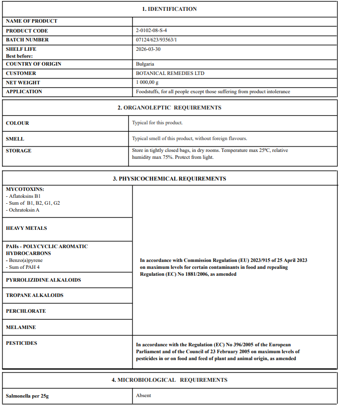 Document with certificate of analysis for Lady`s Bedstraw herb product