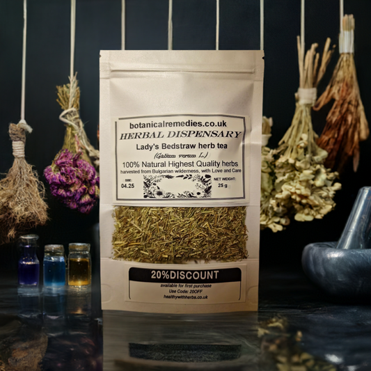 Package with Lady`s Bedstraw herb, loose herbal tea, an herbal remedy