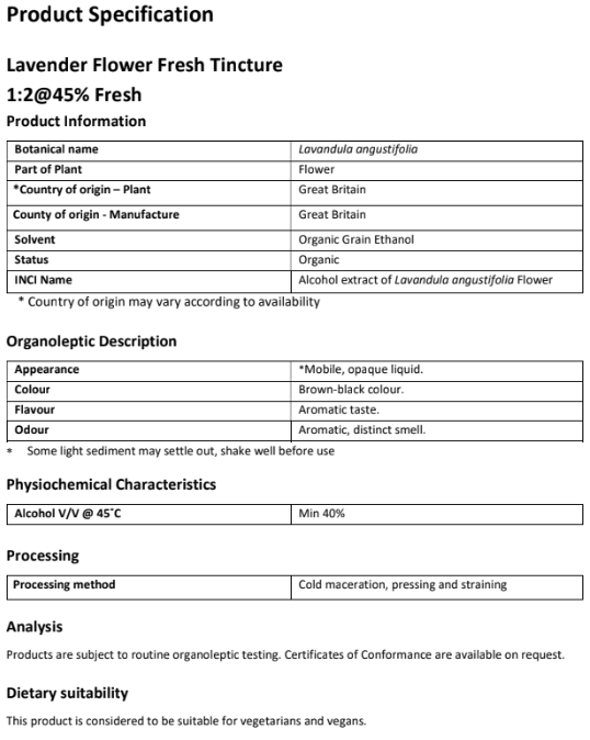 Specification document for Organic Lavender Tincture
