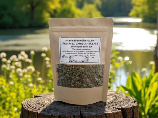 Package with lemon myrtle dried and cut leaves, loose herbal tea, an herbal remedy