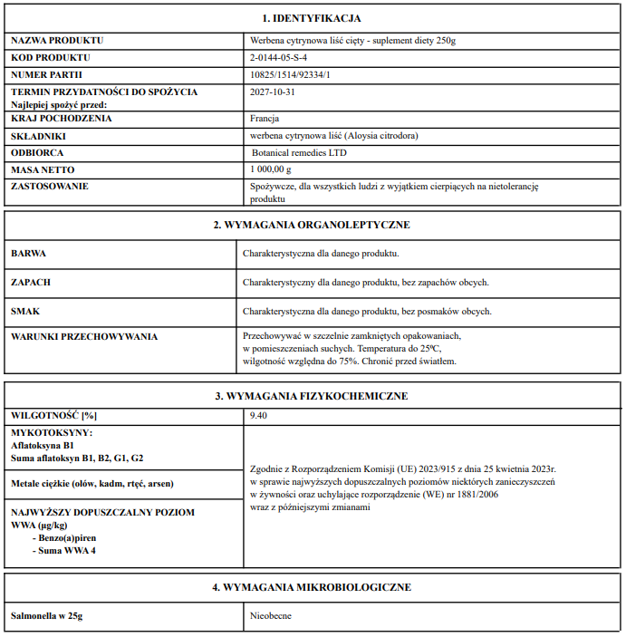Product label with detailed information for Lemon vervain
