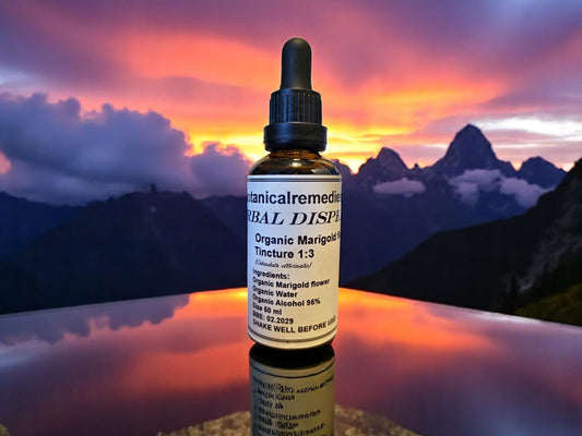 Bottle with Marigold Tincture Organic from Botanical Remedies herbal dispensary, an herbal remedy
