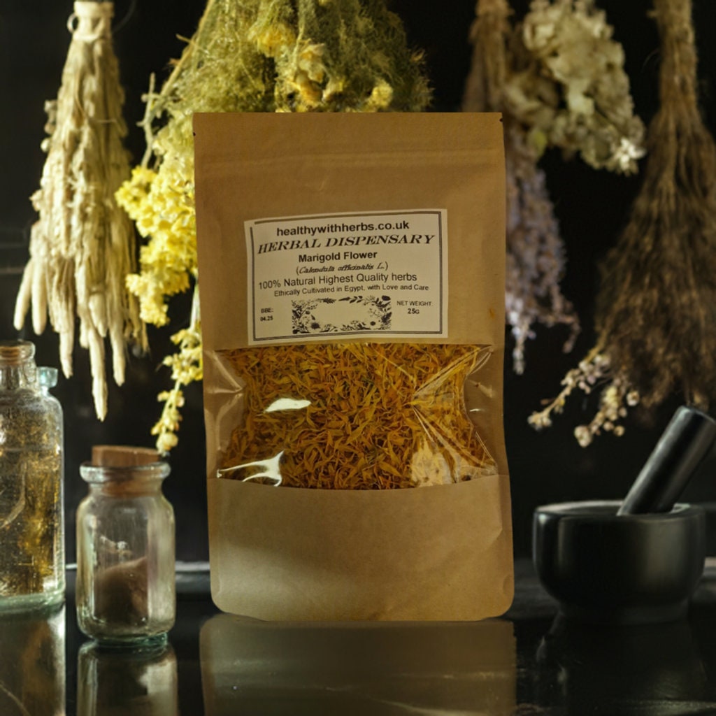 Package with Marigold flower petals, an herbal remedy, loose herbal tea