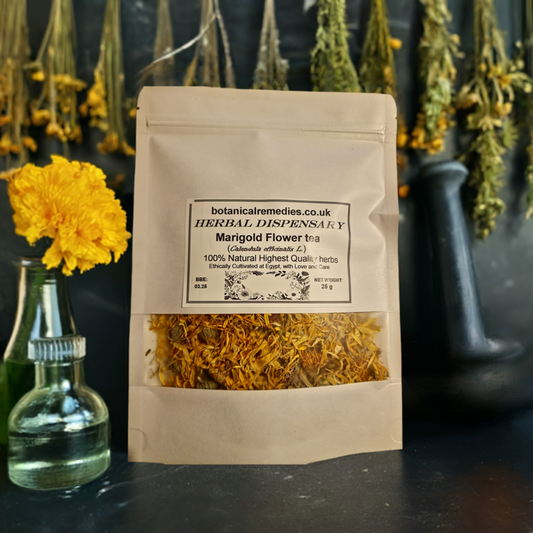 A package of Botanical Remedies Marigold dried Flowers, an herbal remedy, loose herbal tea