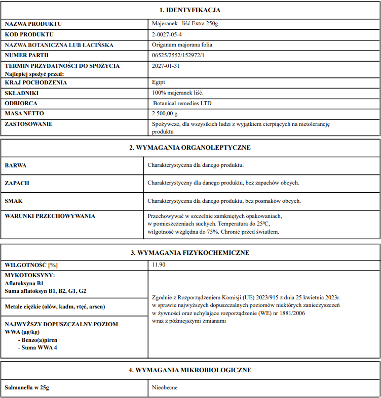 Document with certificate of analysis for Marjoram leaf