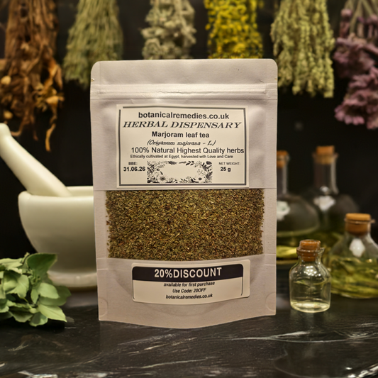 Package with Marjoram leaf, dried and cut, an herbal remedy, loose herbal tea