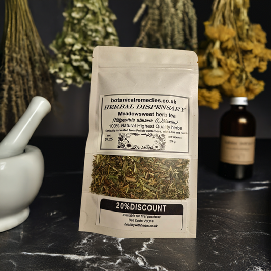 A package of Meadowsweet herb, dried and cut from Botanical Remedies, an herbal remedy, loose herbal tea