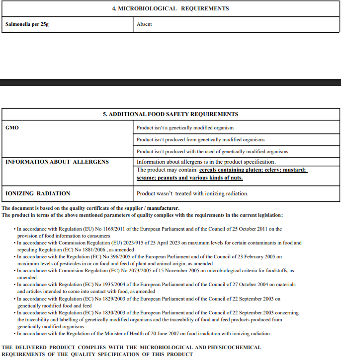 certificate of analysis for Milt Thistle seeds product pt2
