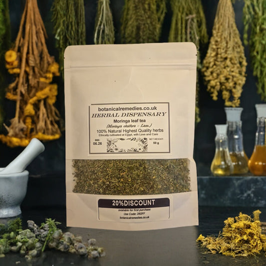 Package with Moringa leaf dried and cut, an superfood and herbal remedy, loose herbal tea