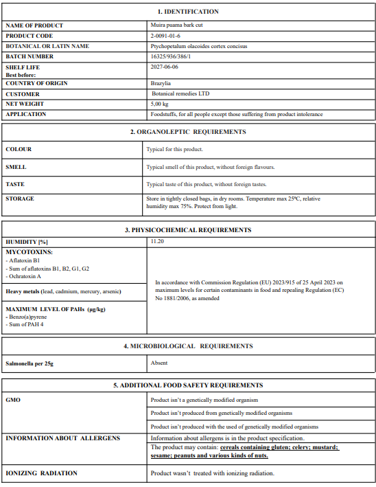|Muira puama bark Product label with detailed information including identification, organoleptic, physicochemical, and microbiological requirements.