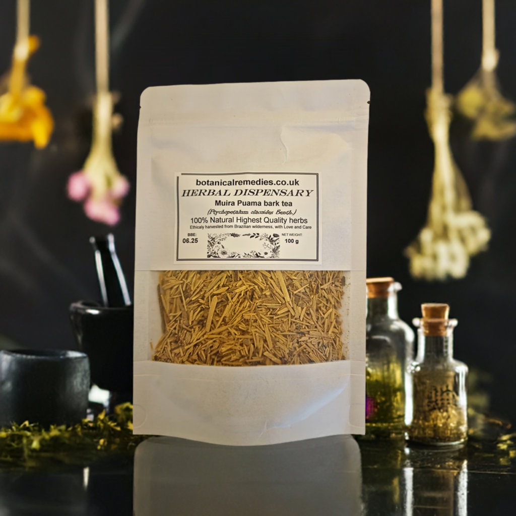 package with Muira Puama bark, dried and cut, an herbal remedy, loose herbal tea