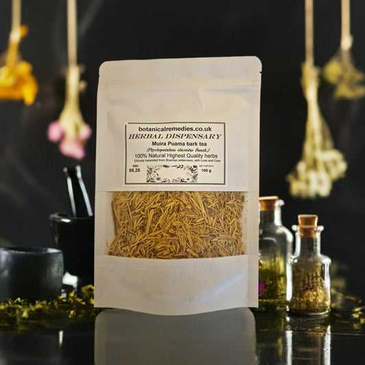 package with Muira Puama bark, dried and cut, an herbal remedy, loose herbal tea
