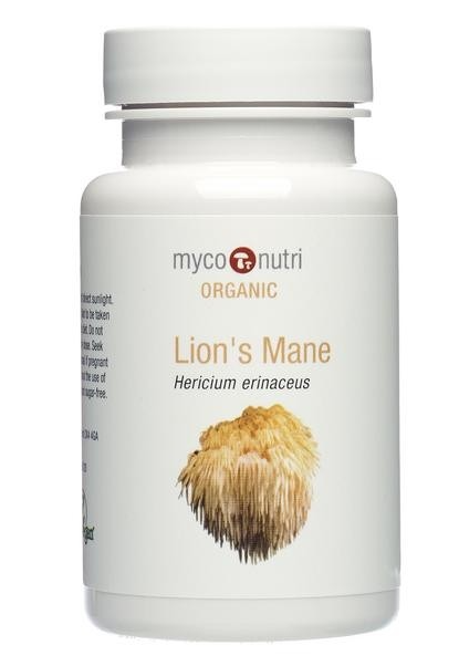 an container with Myconutri Lions mane organic capsules, an mushroom supplement for brain and immune support