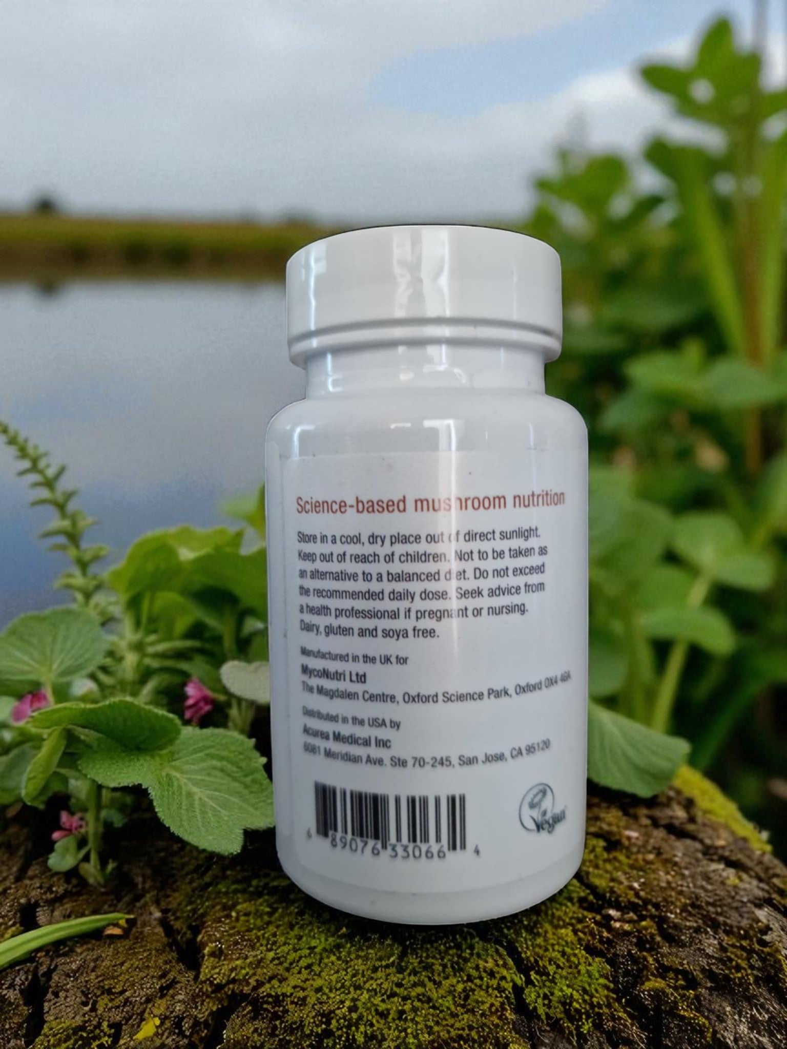 container with Reishi extra capsules from Myconutri, an  medicinal mushroom supplement, back of packaging