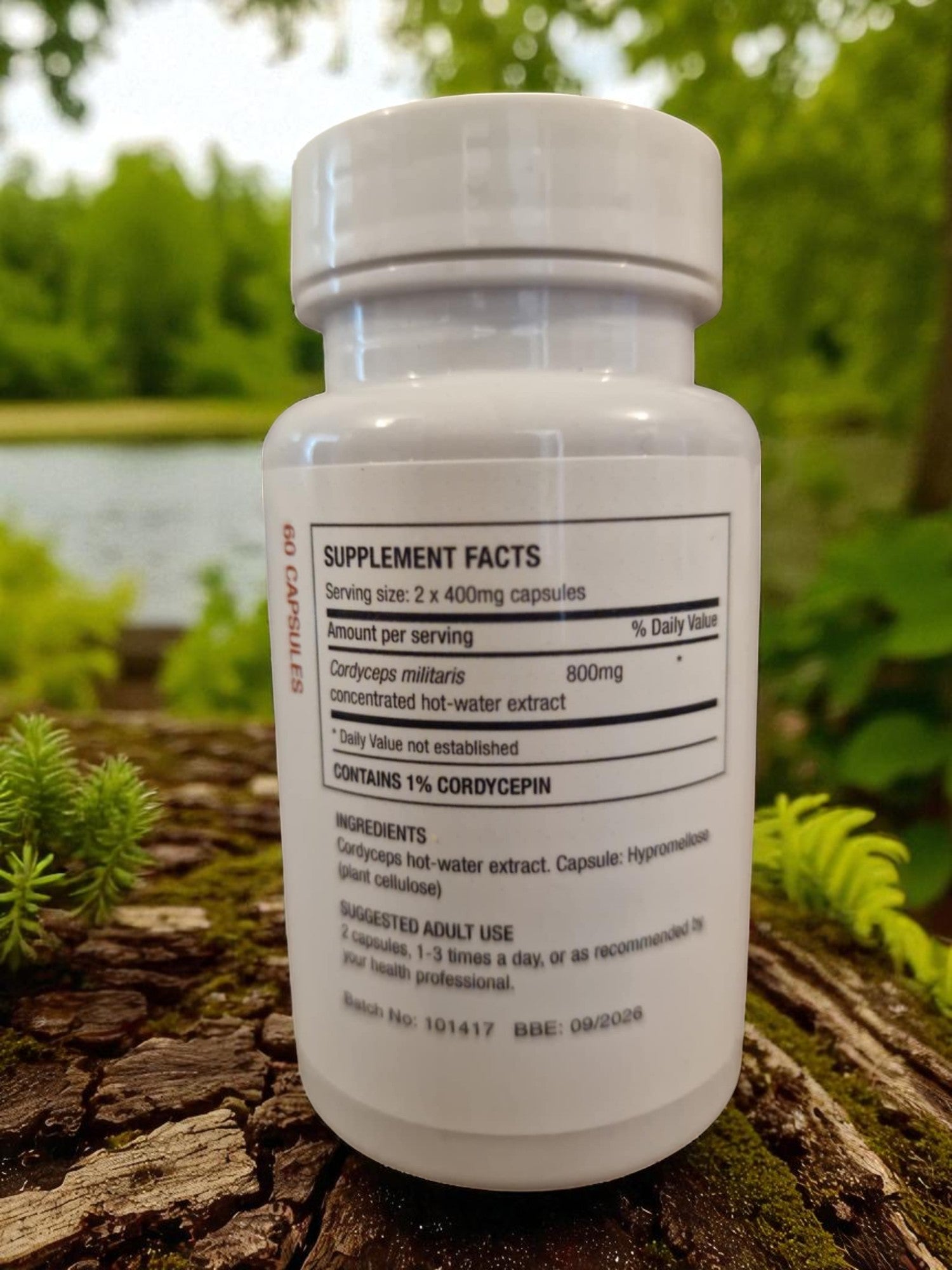 package with Myconutri cordyceps extra, label with supplements facts, medicinal mushroom extract